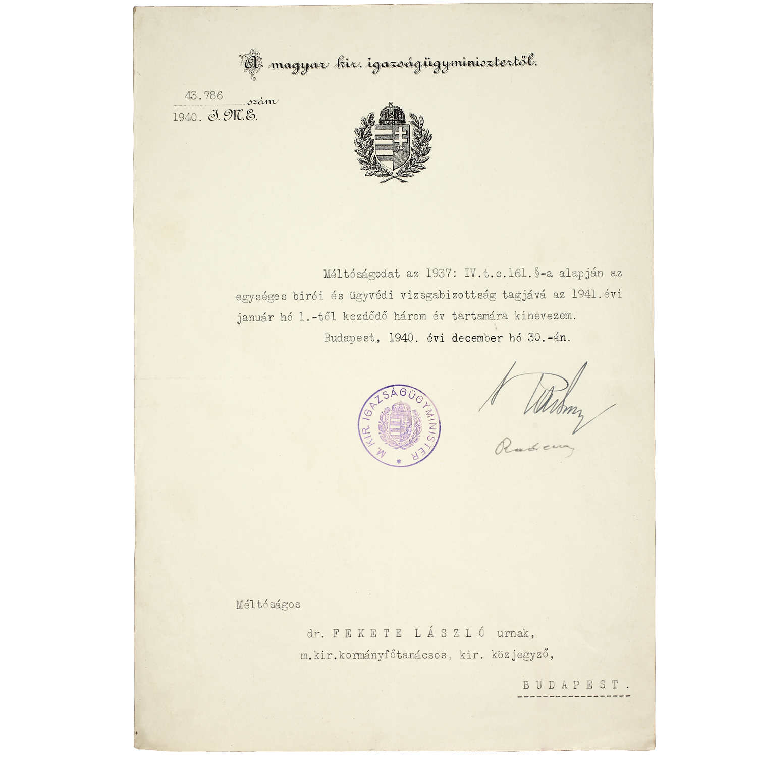 Bírói és ügyvédi vizsgabizottsági tagi kinevezési okirata 