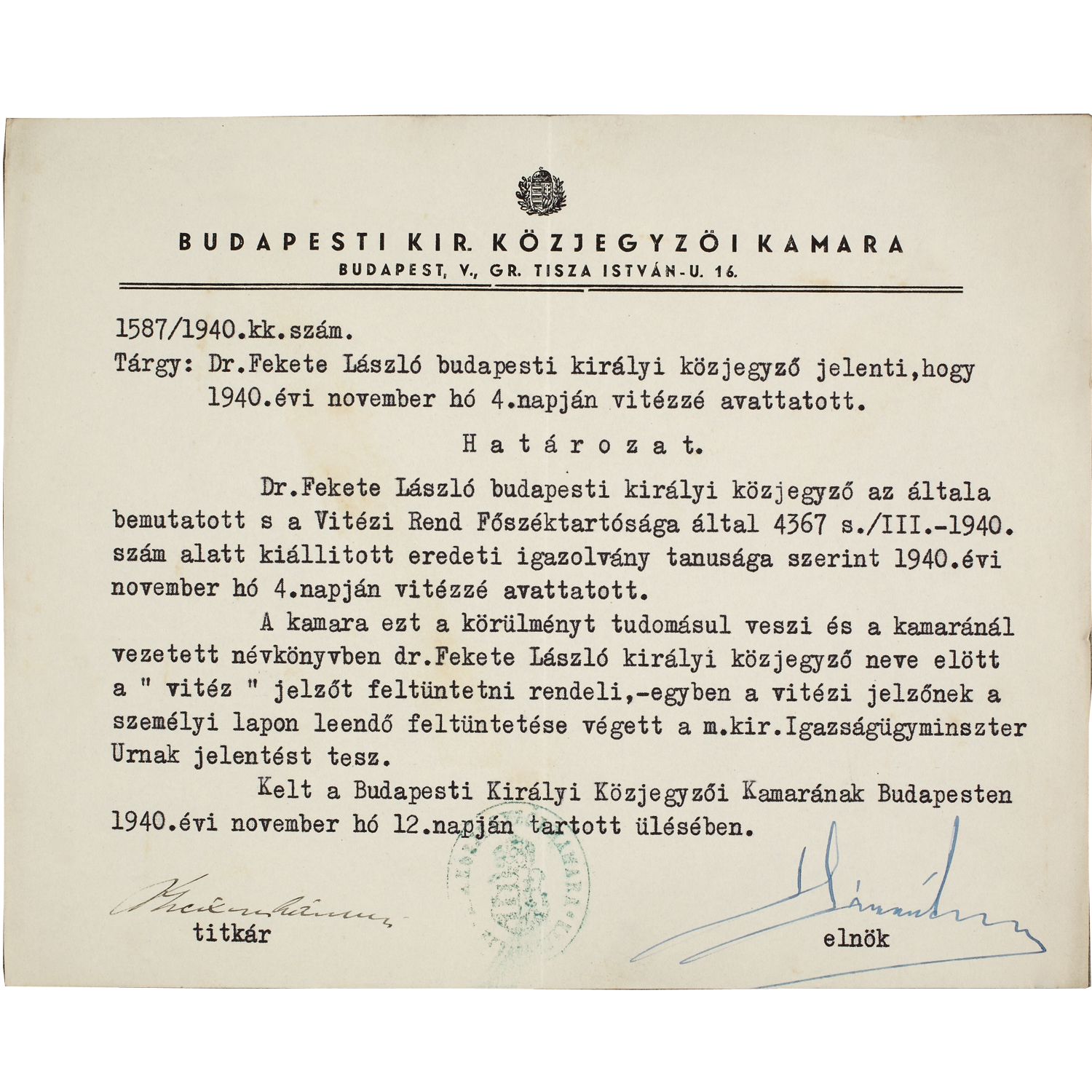 A közjegyzői kamara értesítése a vitézi cím kamarai bejegyzéséről